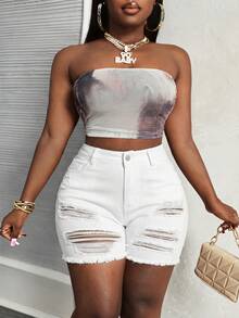 Slaydiva Plus Size Women Distressed Pocket Frayed Hem Casual Denim Shorts - White - View 5
