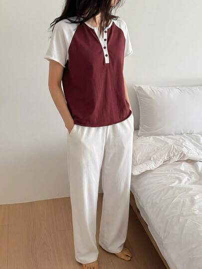 DAZY Bộ 2 món đồ ngủ mùa hè dáng rộng, tay raglan, phối màu tương phản, dành cho nữ.