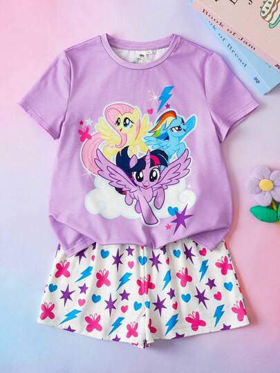 My Little Pony X SHEIN Tween Girls' Cute Cartoon Print Short Sleeve T-Shirt And Allover Print Shorts Pajama Set, Summer