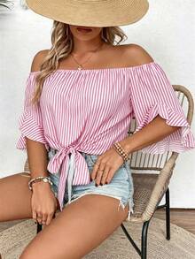 EMERY ROSE Camisa casual con hombros descubiertos y lazada, a rayas, talla grande - Rosa - Ver 4