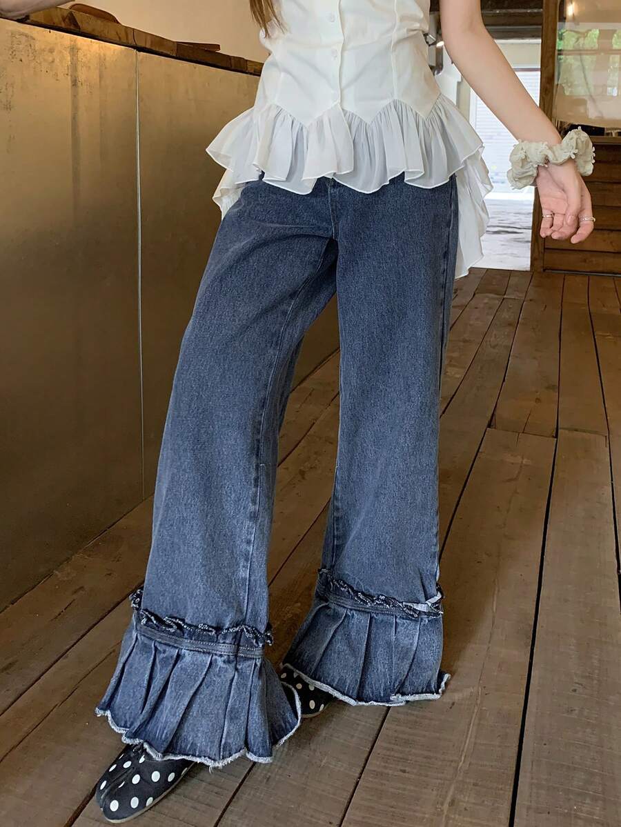 DAZY Quần jeans nữ kiểu Hàn Quốc dáng suông, có bèo nhún. - Màu xanh lam - Xem 1