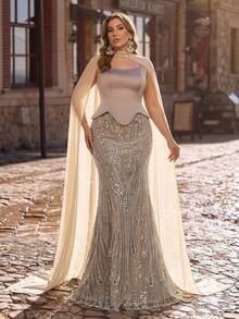 Glamrae Plus Size Elegant Luxurious Pearl & Sequin Floral Mermaid Hem Dress, Elastic Satin Halter Neck, Suitable For Wedding, Party, Vacation, Prom, Evening Gown Plus Size Evening Gown Luxury Evening Gown Glitz And Glamour Formal Evening Gown Shimmering Formal Dress Luxury Dresses For Women Elegant Special Occasion Dress Glitz And Glamour Formal Gown - Khaki - View 8