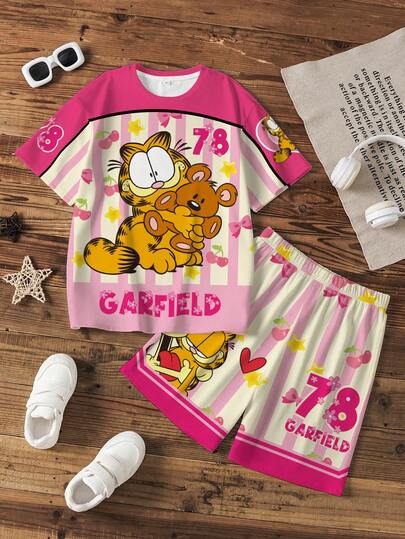 GARFIELD | SHEIN Tween Girl Striped Letter Print Round Neck Short Sleeve T-Shirt And Casual Shorts Set