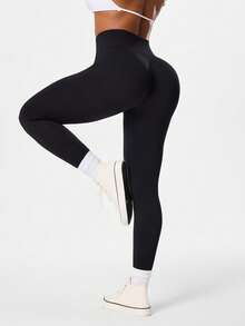 Seamluxe SHEIN Sport 女士纯色高腰弹力修身运动紧身裤 - 黑色 - 查看 6