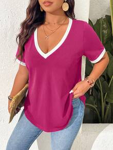 SHEIN Frenchy Kaos Kasual Musim Panas Ukuran Besar dengan Trim Warna Kontras - Hot Pink - View 1