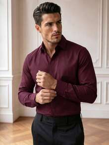 Core Aspect Men's Slim Fit Business Casual Burgundy Dress Shirt,Solid Color Long Sleeve Button Down Formal Office Top For Autumn Dinner - Burgundy - View 7