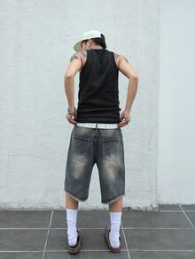 PAVTROS Manfinity Streetrush 男士寬鬆牛仔短褲，夏季街頭風深灰色做舊牛仔短褲，附口袋內襯、毛邊下擺中筒城市度假短褲 - 藍色 - 查看 2