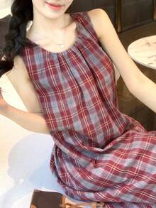 DAZY 女士休闲格子拼接无袖连衣裙，夏季女士连衣裙 - 紅色 - 查看 4