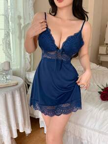 SHEIN 女士性感蕾丝吊带睡裙 - 藏蓝色 - 查看 4