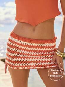 Aralina Falda mini de rayas de ganchillo para mujer, ideal para salir, vacaciones, playa, resort, como top casual para festivales - Naranja Coral - Ver 4