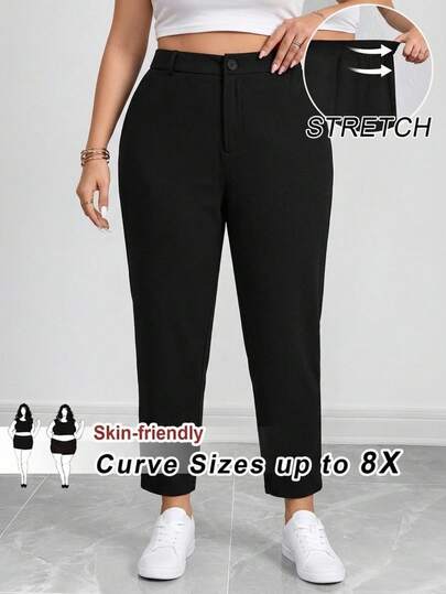 SHEIN CURVE+ Plus Size Women's Solid Color Tapered Ankle Pants For Casual Work In Fall/Winter