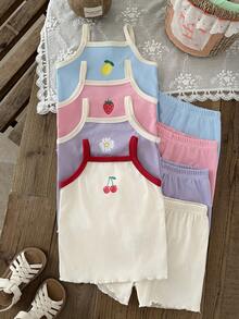 SHEIN 8件組/女嬰0-3歲 柔軟夏季配色 夏季可愛度假風 針織羅紋不對稱背心T恤上衣與短褲套裝 日常外出穿搭 - 彩色 - 查看 7