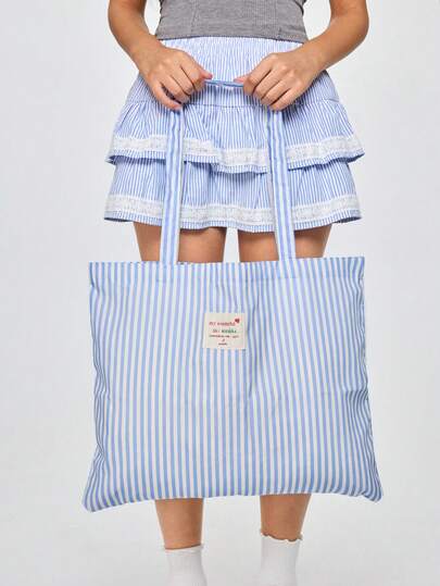ROMWE Kawaii Retro Striped Canvas Tote Bag, Women's Large Capacity Striped Canvas Tote Bag - Fashion Shoulder Bag, Suitable For Travel And Shopping, Bright Red And White Stripes, Large Capacity, Versatile, Washable - No Buckle, Daily Handbag , Beach, Summer Outfits