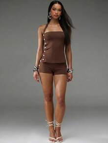 Normani Summer Festival Party Beach Graduation Elegant Vacation Country Y2k Beach Women's Solid Color Side Button Halter Top And Shorts 2 Pieces Set - Brown - View 8