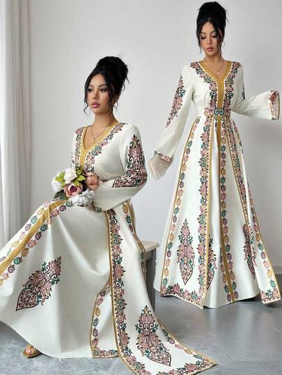Elenzga Neuer Frühlings-/Sommerbohème-Mittlerer-Osten-Muster V-Ausschnitt Taillengegurtetes Gewand, Fledermausärmel, langes Kleid mit Goldborte