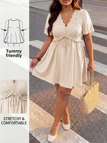 Enliva Plus-Size Casual Solid Color Lace-Trimmed Mini Dress, Dark Green Women's Clothing, Olive Green Short-Sleeved Dress., For Apple And Rounded Body Shape - Apricot - View 5