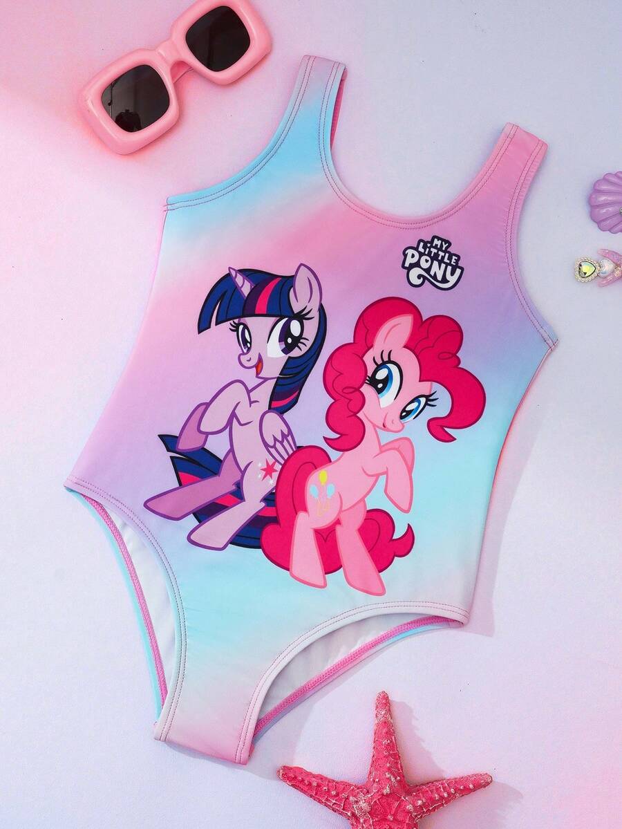 My Little Pony X SHEIN Young Girl Cartoon Print Ombre Color One-Piece Swimsuit - Multicolor - View 1