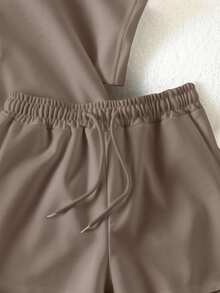 SHEIN 女士纯色圆领短袖T恤搭配抽绳短裤，休闲日常穿搭 - 卡其色 - 查看 6