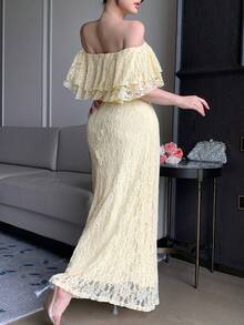DAZY Spring Summer Hollow Lace Ruffle Casual Vacation Style Beach Elegant Commute Yellow Women's Mid-Length Dress Sundress - Yellow - View 2