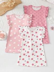 3件組少女舒適時尚愛心印花短袖荷葉邊休閒睡裙家居服套裝，春/夏 - 彩色 - 查看 2
