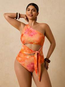 Travachic Maillot de bain une pièce à épaule asymétrique avec imprimé tropical vert, décolleté ajouré et nœud devant, grande taille. Tenue de vacances - Multicolore - Voir 7