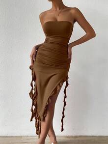 Allurite Women Backless Ruched Slit Dress,All Shades Of Brown,Summer,70s,Night Out,Party,Prom,Rave Outfits,Streetwear,Concert,Club,Date,Wedding,New Year - Brown - View 4