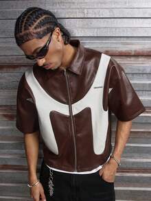 AXEPEAK Men's Fashionable Contrast Color Zip-Up Short Sleeve Shirt, Summer - Coffee Brown - View 6