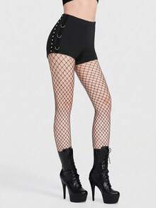 Breakform Women's Gothic Goth Laced Elastic Waist Low-Rise Black Super Shorts With Metal D-Ring Rivet Webbing,Fishnet Mesh Tights For Night Out Summer Rave - Black - View 5