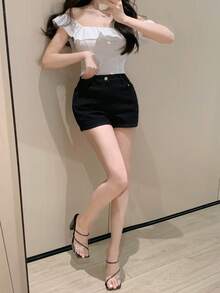DAZY 女士高腰口袋休闲百搭牛仔短裤夏季 - 黑色 - 查看 9