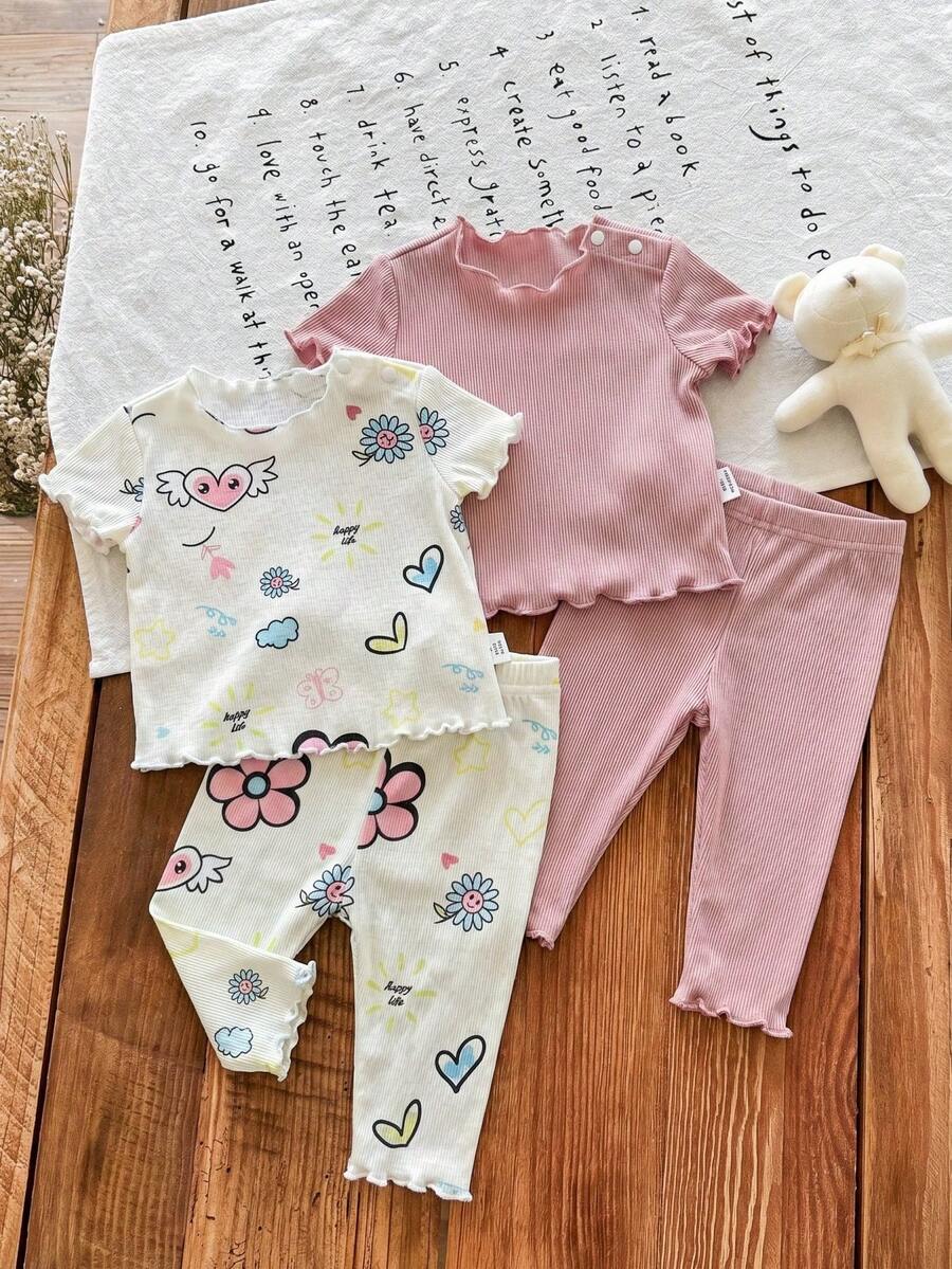 SHEIN LMoss Kids Dozemod 儿童新生女宝宝夏季休闲碎花荷叶边圆领短袖上衣和裤子四件套针织睡衣套装 - 彩色 - 查看 1