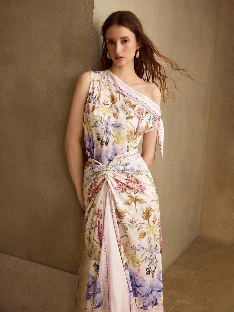 WOMEN'S SPRING/SUMMER SCARF FLORAL PRINT KNOTTED ASYMMETRICAL NECK TOP, SUITABLE FOR DAILY WEAR, DATES, AND VACATIONS