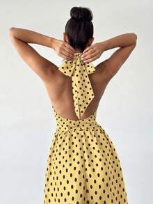 Vestido midi para mujer, cuello en V, espalda descubierta, cintura acampanada, lunares retro, para el Día de San Valentín - Celeste - Ver 10
