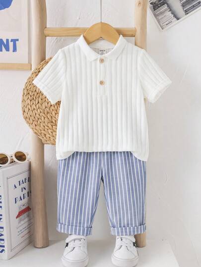SHEIN 2pcs Baby Boy Summer Casual White Polo Shirt & Blue Striped Pants Set