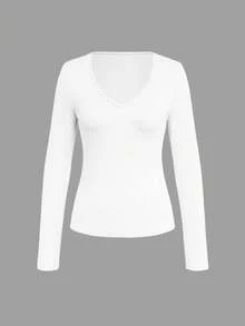 EMERY ROSE Damen Große Größen V-Ausschnitt Langarm Casual T-Shirt - Weiss - Übersicht 4