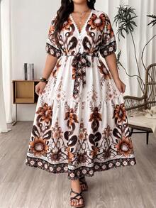 Lacomfia Plus Size Elegant Lace Patchwork Cinched Waist Dress, Casual Vacation Daily Wear Gym Brown Summer - White - View 1