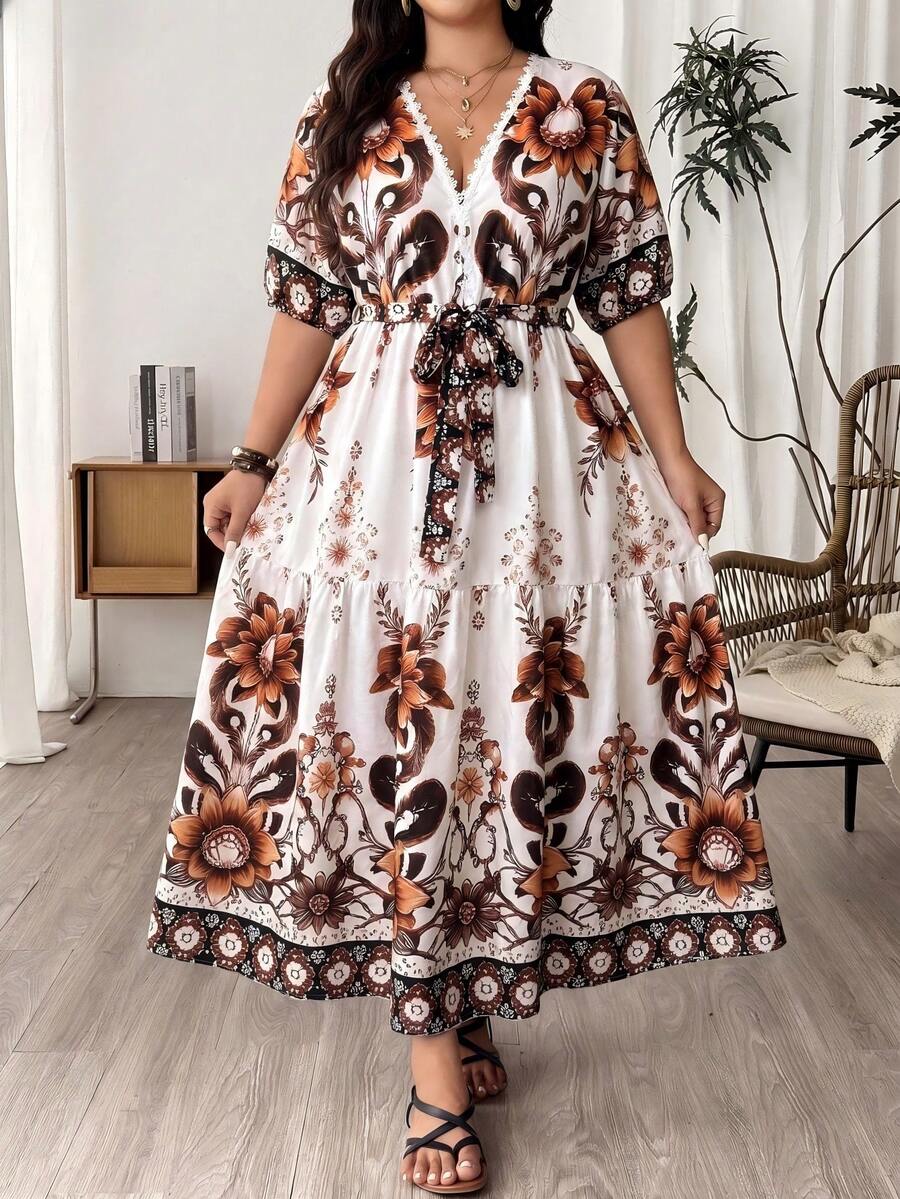 Lacomfia Plus Size Elegant Lace Patchwork Cinched Waist Dress, Casual Vacation Daily Wear Gym Brown Summer - White - View 1