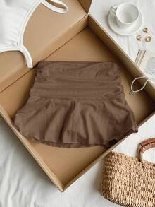 Comfortcana Brown Hollow Texture Ruched A-Line Mini Skirt - Brown - View 5