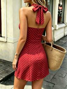 Sundraya Women's Polka Dot Print Bodycon Halter Neck Dress - Red - View 2