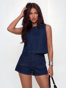 Avantive Women's Denim Set: Sleeveless Loose Top And Denim Shorts Set, Dark Blue Denim Two-Piece Set, Summer Casual Set. - Dark Wash - View 4