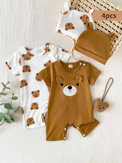 SHEIN Bộ 2 món cho bé sơ sinh hình gấu nâu dễ thương: áo liền quần cổ tròn tay ngắn + quần short thêu hình gấu nâu, thiết kế hở vai, mũ hình gấu đáng yêu, trang phục thường ngày phù hợp cho dã ngoại mùa hè.