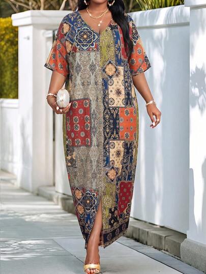SHEIN Lady Plus Size Casual Patchwork Print Dress