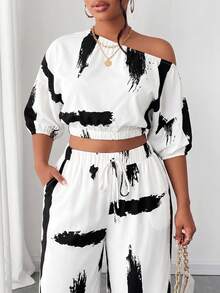 Maweii Plus Size Fashion Asymmetric Collar Printed 2 Pieces Set - Black and White - View 6