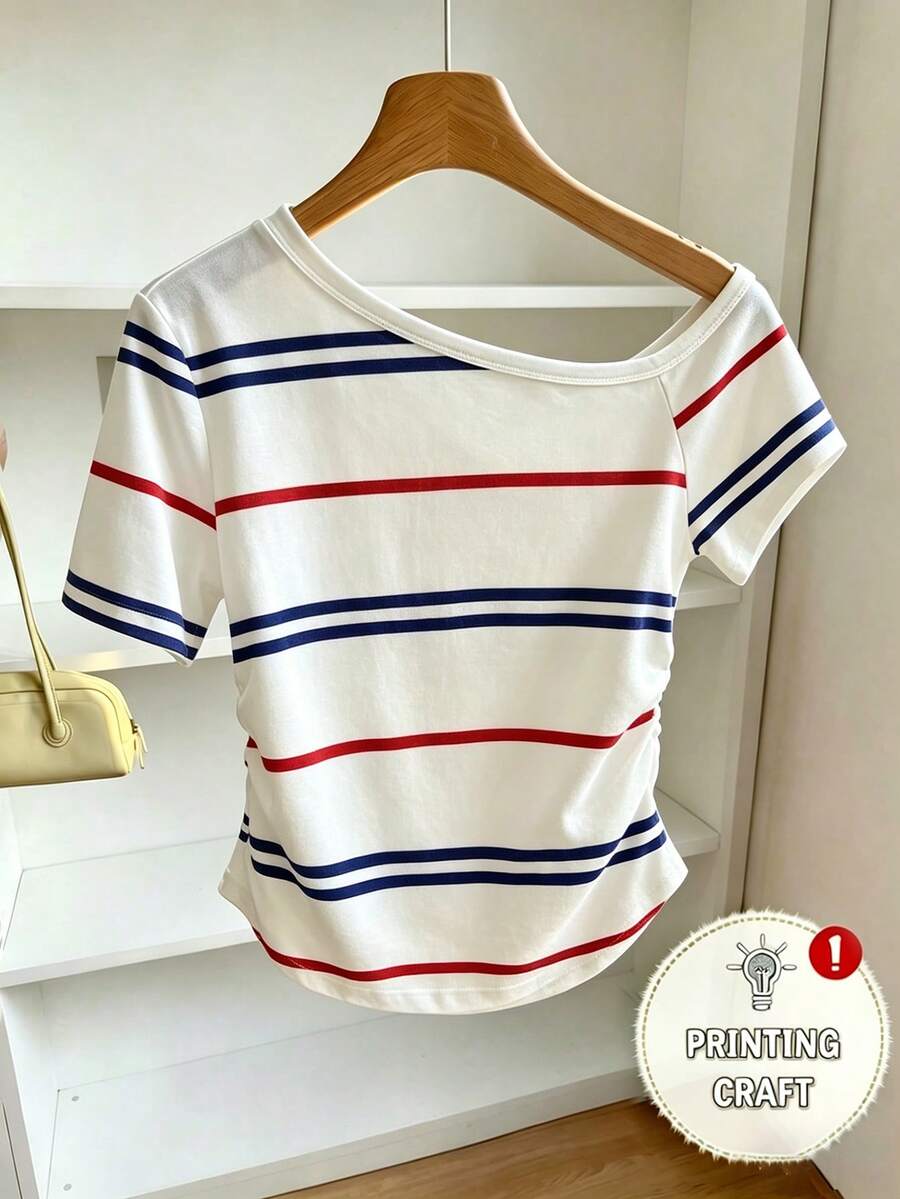 Resyla Plus Size Women Striped Round Neck Short Sleeve Casual Versatile T-Shirt - Multicolor - View 1