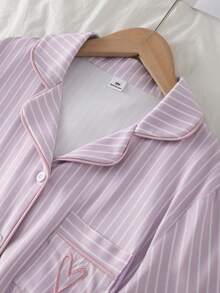 Bộ đồ ngủ cho bé gái, gồm áo cardigan tay ngắn và quần short, kiểu dáng ngọt ngào, dễ thương, thanh lịch, thoải mái, mềm mại, thoáng khí, họa tiết hoạt hình sọc trái tim thêu, chất liệu vải dệt kim, 2 món. - Nhiều màu - Xem 8