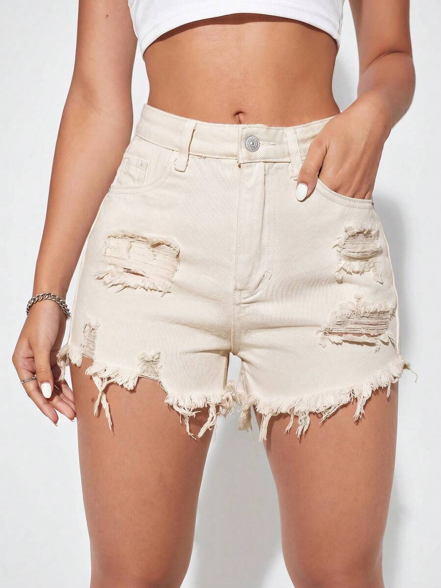 SHEIN Essnce Quần short denim rách gối có túi dành cho nữ. - Màu Khaki - Xem 1