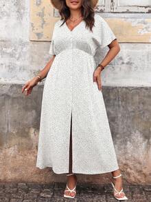 Ceyna 大码女式夏季波点V领蝙蝠袖休闲长连衣裙 Maxi 女装 - 白色 - 查看 4