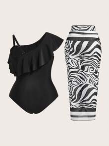 Swim Oasis 2026 大码女式纯色荷叶边连体泳衣，带罩衫和裙子 - 黑色 - 查看 2