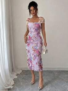 Elenzga Đầm midi nữ thanh lịch, lãng mạn, chất liệu lưới in họa tiết, xếp ly, thích hợp cho mùa cưới, tiệc tùng, hẹn hò, đi chơi thường ngày, mùa xuân/hè. - Màu tím - Xem 3