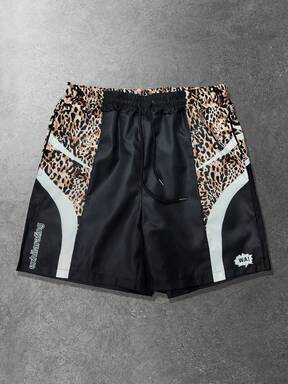 ROMWE MEN Men's Summer Casual Fashionable Street Leopard Print Patchwork Drawstring Waist Loose Shorts