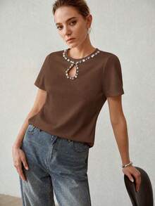 MOTF PREMIUM NEW SUMMER RHINESTONE HOLLOW OUT ROUND NECK SHORT SLEEVE T-SHIRT, SLIM FIT CASUAL TOP, UNDERSHIRT - Coffee Brown - View 5
